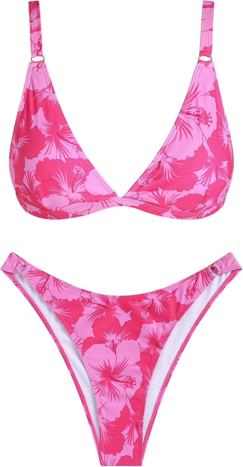 ZAFUL Women'S 2 Piece Floral Print Swimsuit Triangle String High Cut Bikini Sets Bathing Suit