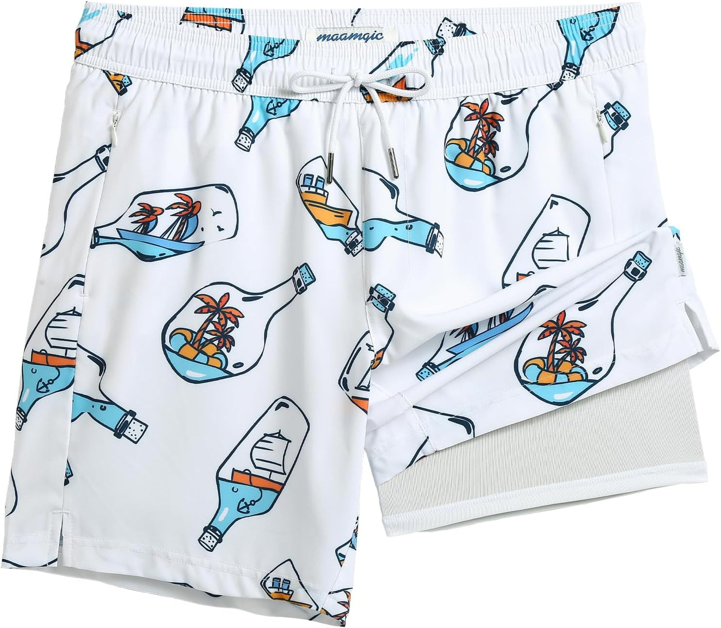 2 in 1 Mens Swim Trunks 7 Inch Swim Shorts Swim Suits Board Shorts