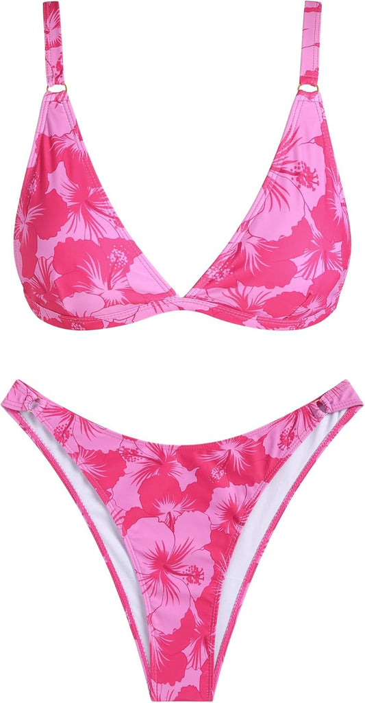 ZAFUL Women'S 2 Piece Floral Print Swimsuit Triangle String High Cut Bikini Sets Bathing Suit