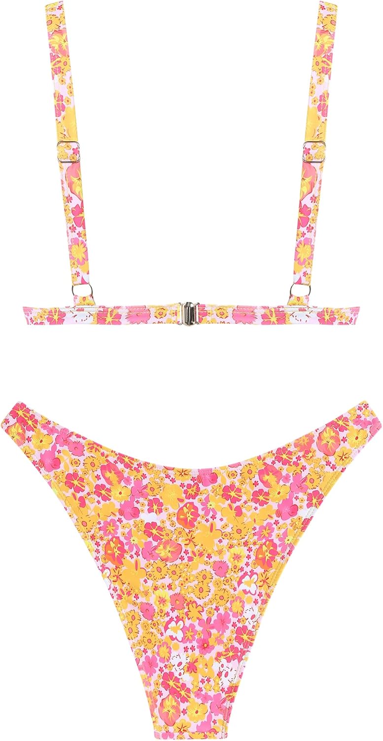 ZAFUL Women'S 2 Piece Floral Print Swimsuit Triangle String High Cut Bikini Sets Bathing Suit