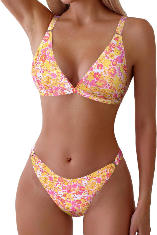 ZAFUL Women'S 2 Piece Floral Print Swimsuit Triangle String High Cut Bikini Sets Bathing Suit