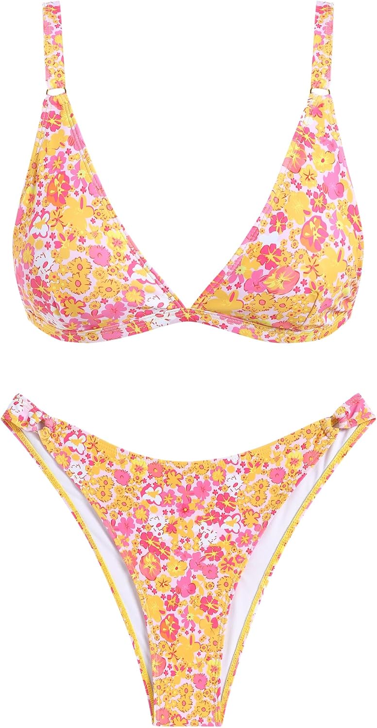 ZAFUL Women'S 2 Piece Floral Print Swimsuit Triangle String High Cut Bikini Sets Bathing Suit