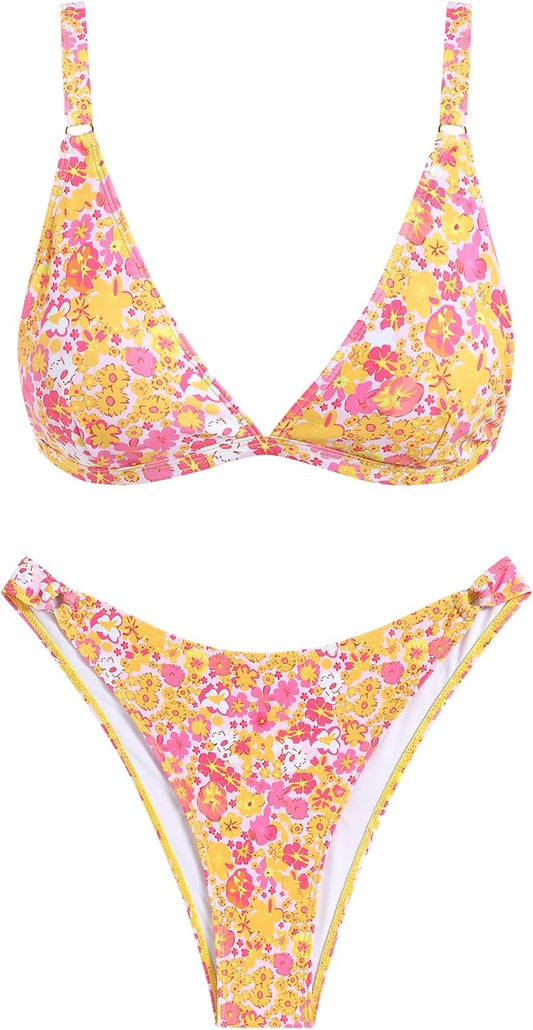 ZAFUL Women'S 2 Piece Floral Print Swimsuit Triangle String High Cut Bikini Sets Bathing Suit